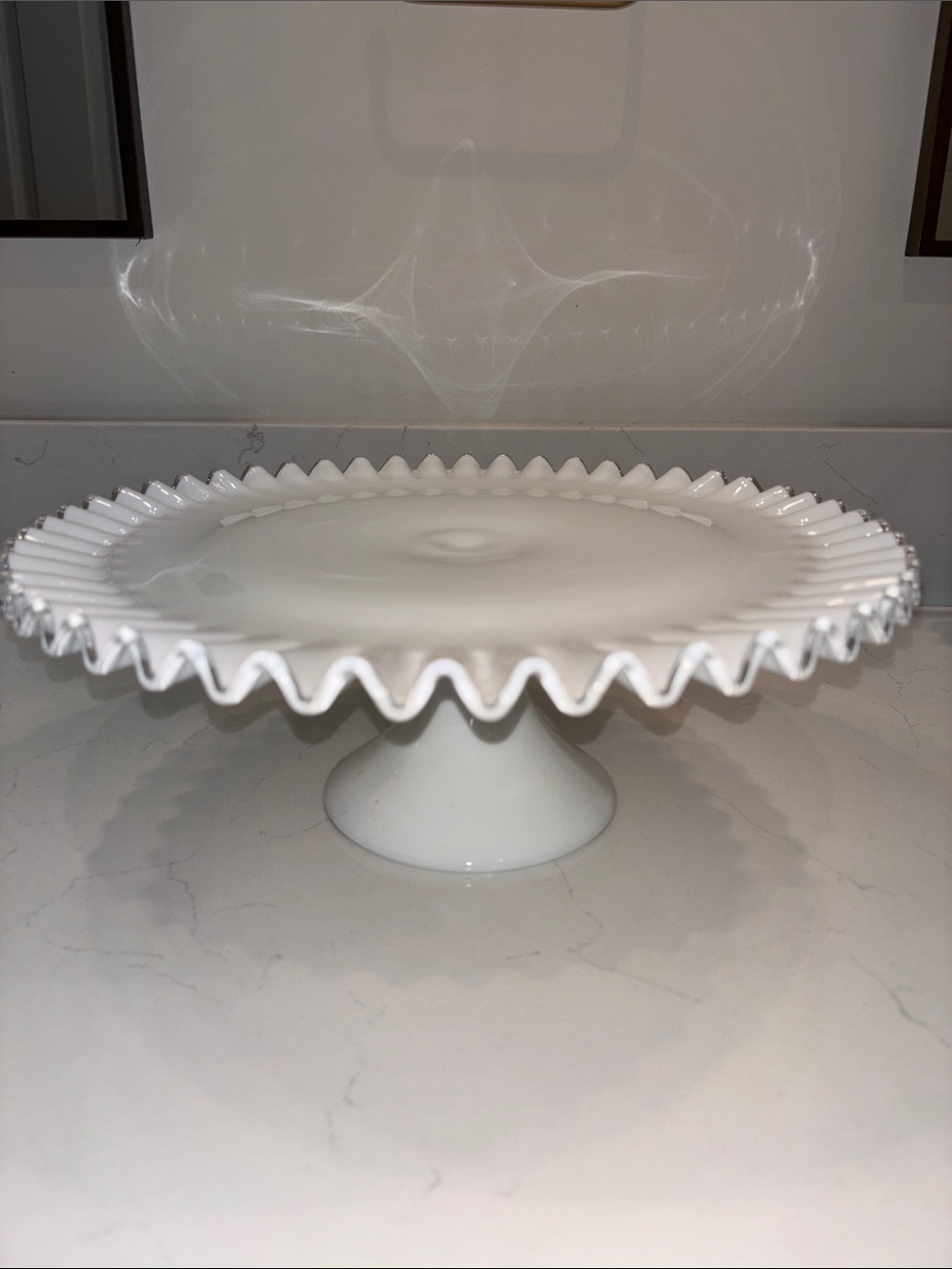 Vintage Fenton Glass White Ruffled Edge Pedestal Cake Stand